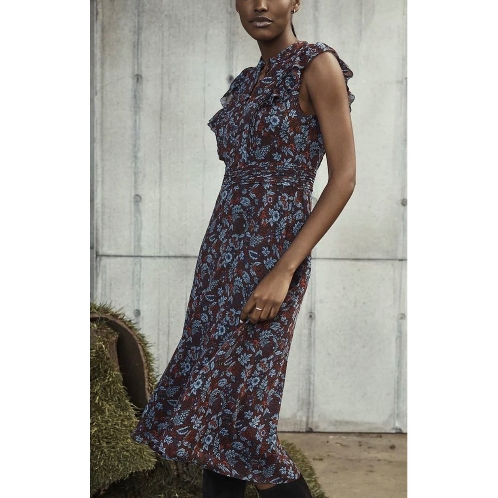 Banana Republic Floral Midi Dress Size 4 Ruffle Sleeve Smocked Waist Tapestry